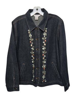Floral Embroidered Jean Jacket Dark Denim Granny Chic Womens XL Cottagecore